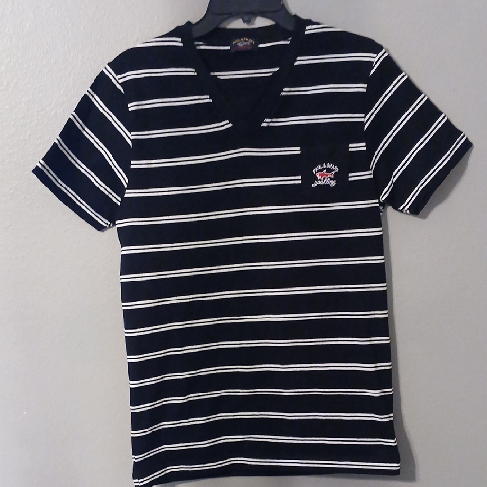 Paul & Shark Yachting Navy and White Striped V-Neck Tee